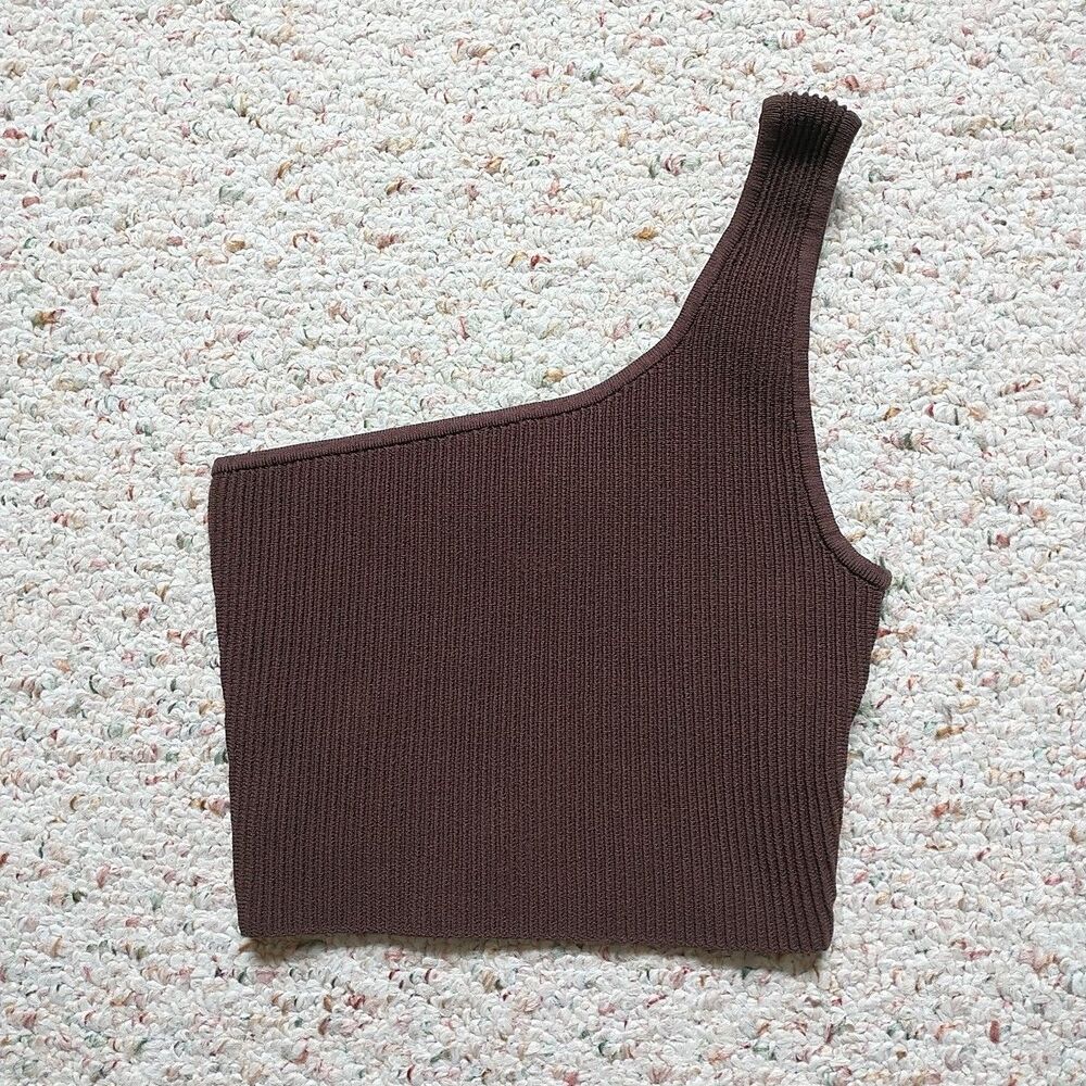 Aritzia Brown Ribbed One-Shoulder Crop Top
